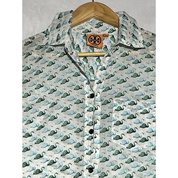 Tory Burch Flamingo Shirt Womens XS White Green Button Up Roll Tab Lightweight - Picture 3 of 14